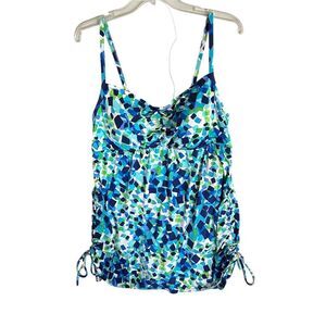 Catalina Women's 2X Blue Geometric Print Tankini Top Adjustable Straps